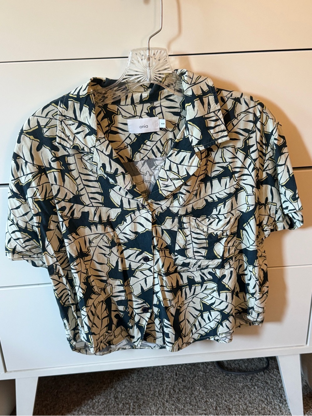 Onia Celeste Cropped Button Down Shirt Hawaiian Tropical Leaf Green Blue Size M